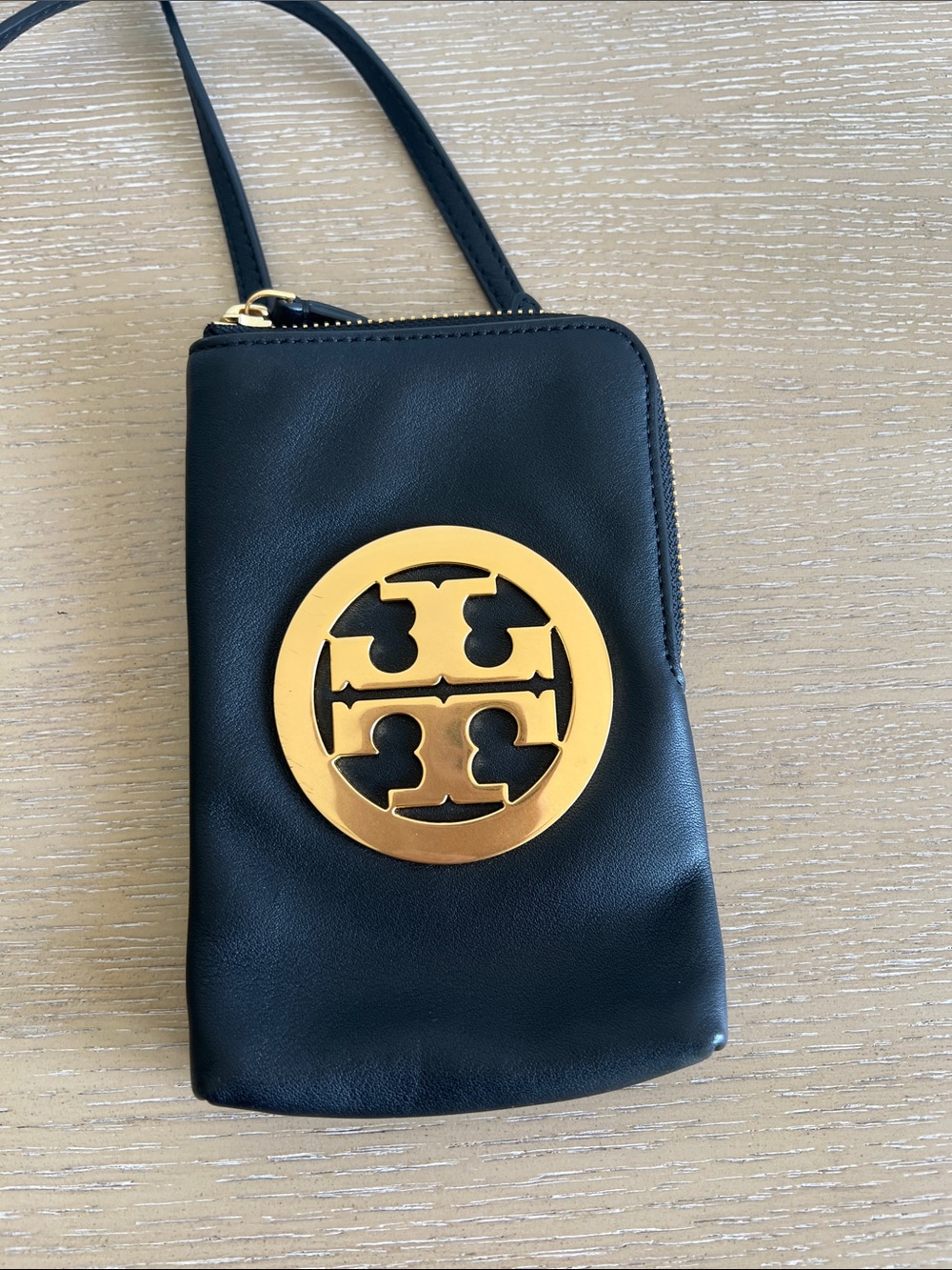 Tory Burch Black Leather Crossbody Phone Bag with Gold Emblem